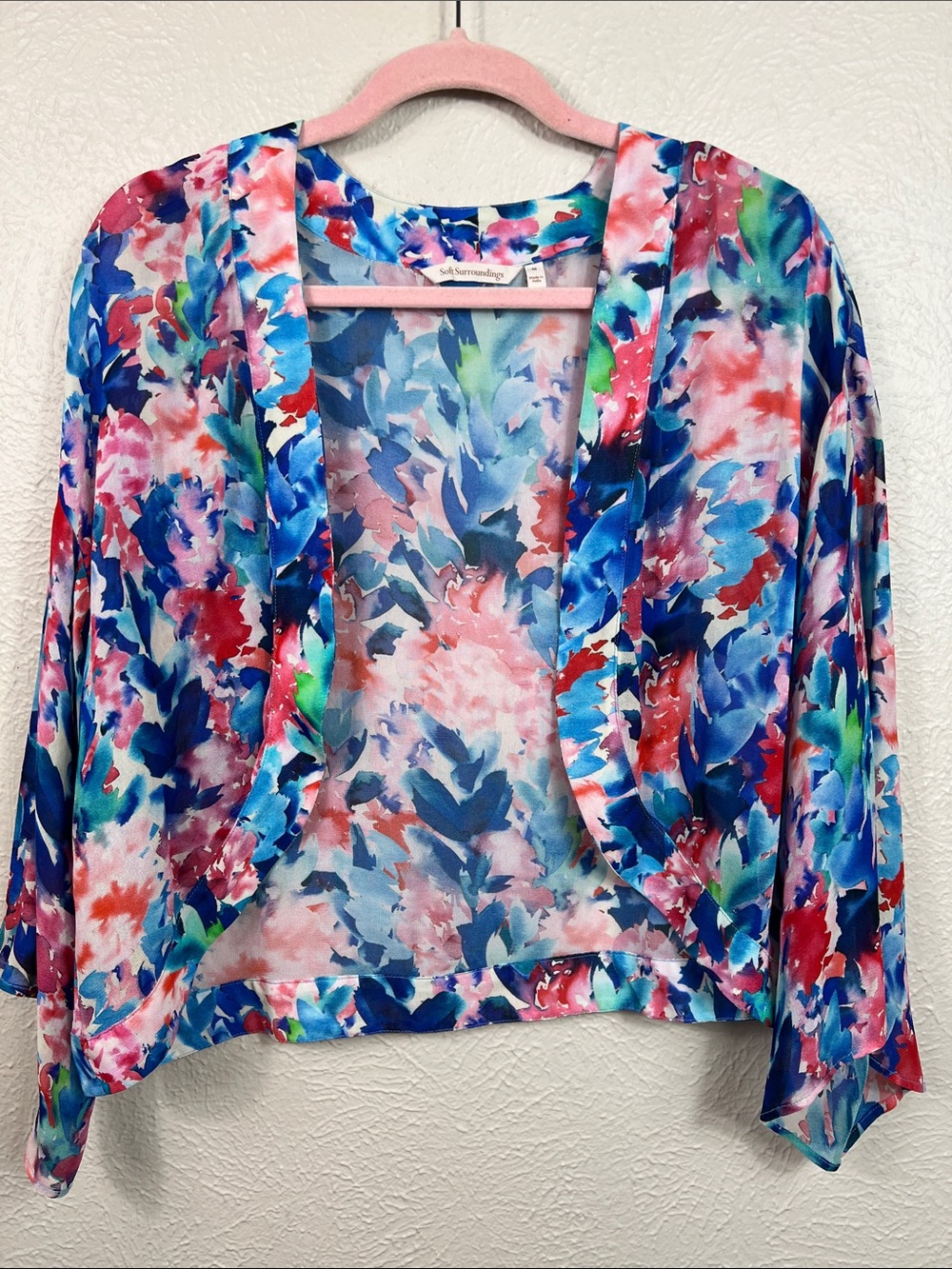 Soft Surroundings Watercolor Floral Semi Sheer Open Front Crop Kimono Small